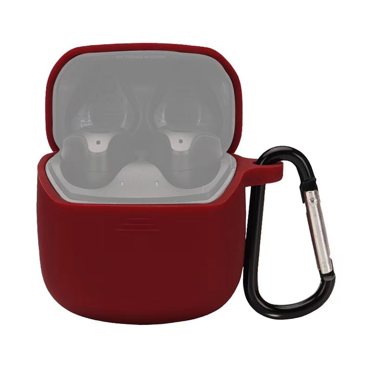 Wine red silicone earbud case with open lid and carabiner-style hook
