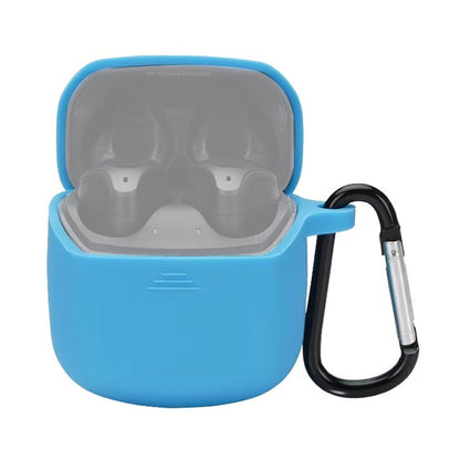Sky blue silicone earbud case with open lid and carabiner-style hook
