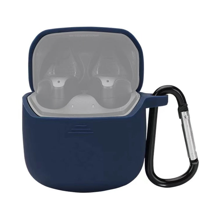 Midnight blue silicone earbud case with open lid and carabiner-style hook