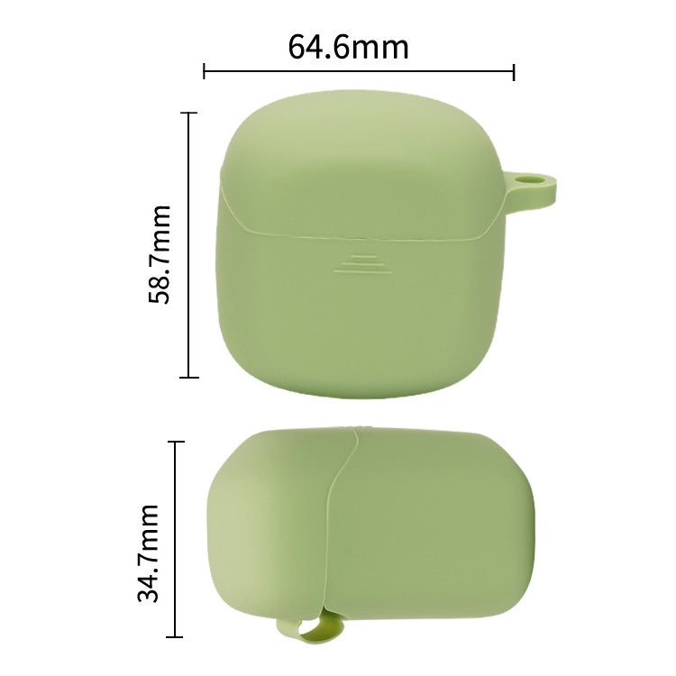 Green silicone earbud case with hook, front and side view with size measurements