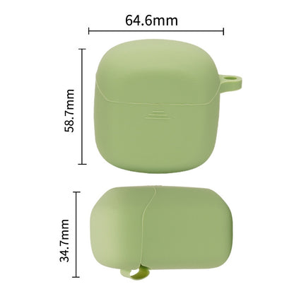Green silicone earbud case with hook, front and side view with size measurements