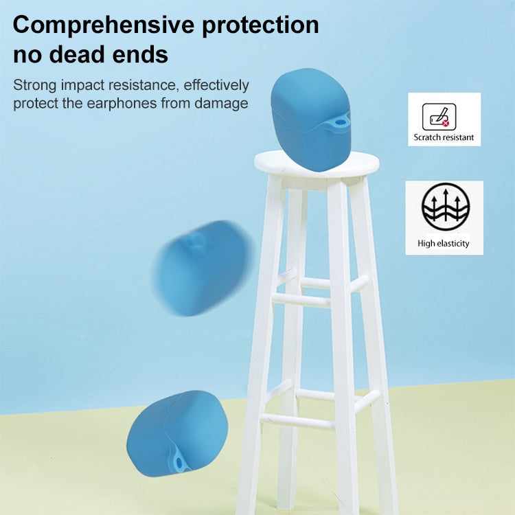 Blue silicone earbud protective case with hook, rounded compact shape