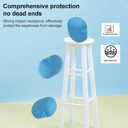 Blue silicone earbud protective case with hook, rounded compact shape