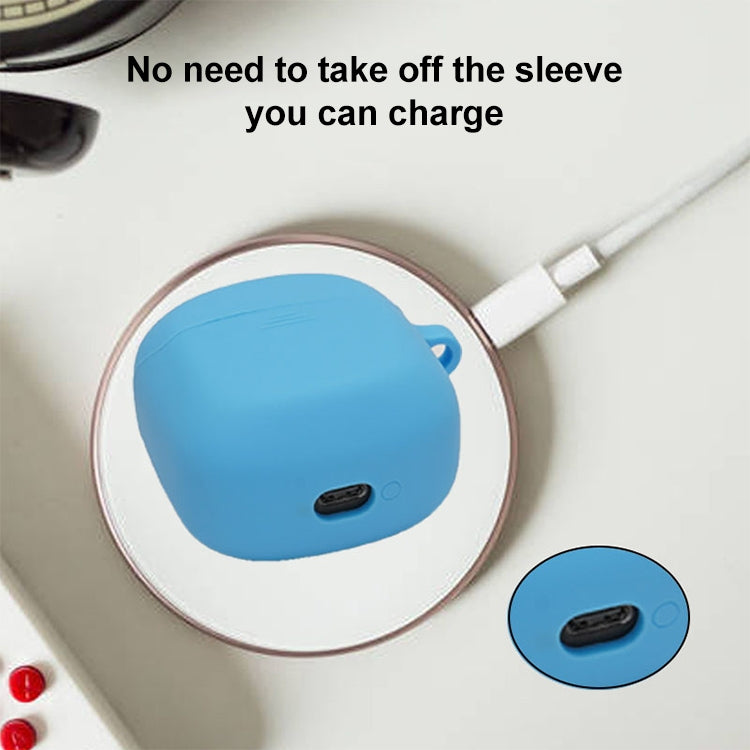 Blue silicone earbud protective case with charging port opening