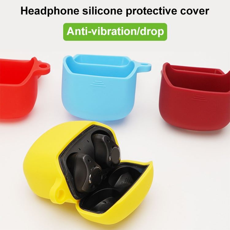 Silicone earbud protective covers in red, blue, and yellow with hook loops