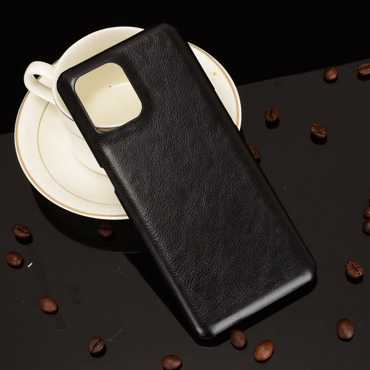 Shockproof litchi-texture phone case, black with square camera bump and ring sensor