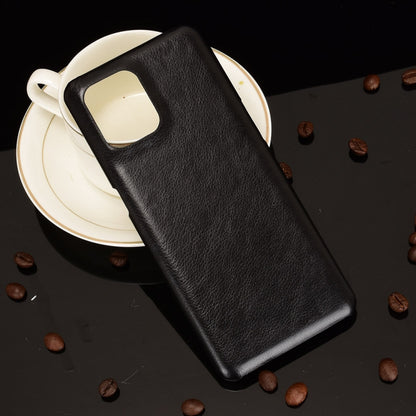 Shockproof litchi-texture phone case, black with square camera bump and ring sensor