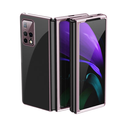 Ultra-thin electroplated transparent folding phone case in rose gold, shown open with camera cutouts