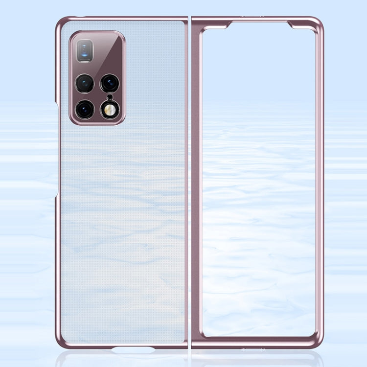 Ultra-thin electroplated transparent folding phone case in rose gold, back camera area and open screen