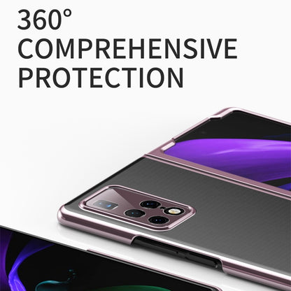 Ultra-thin electroplated transparent folding phone case in rose gold showing camera openings and edges