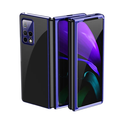 Ultra-thin electroplated transparent folding phone case in blue, shown open with camera cutouts