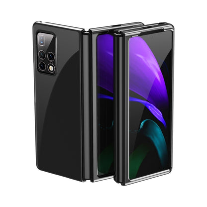 Black electroplated transparent folding phone case with protective cutouts, shown open