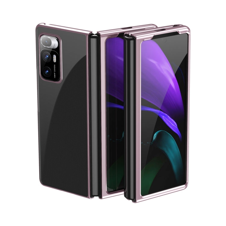 Ultra-thin electroplated transparent folding phone case in rose gold, shown open