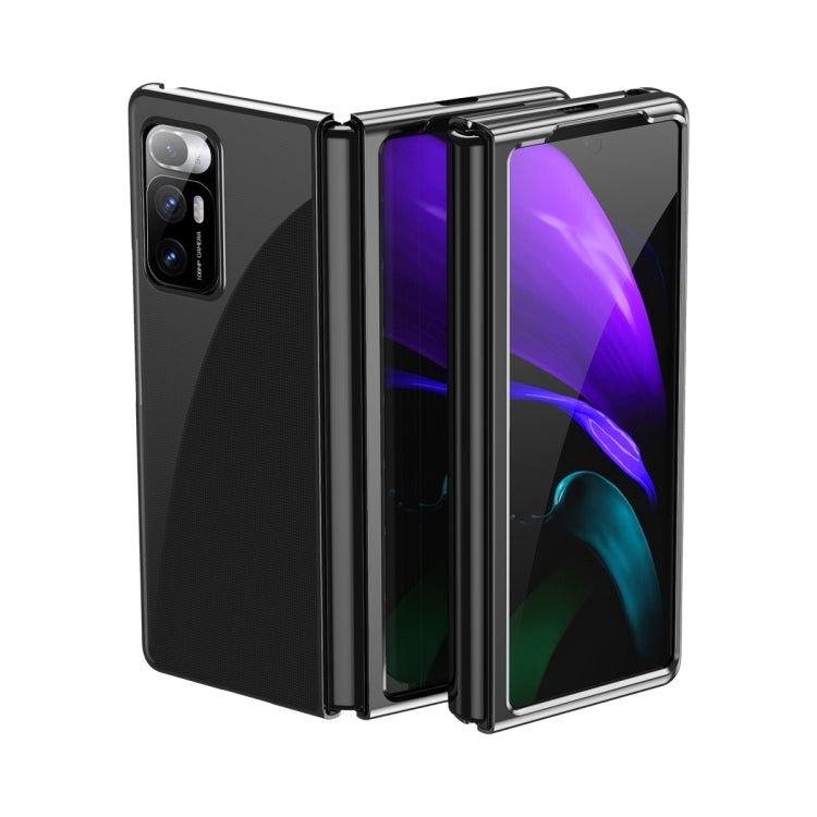 Black electroplated transparent folding phone case with cutouts, shown open side view