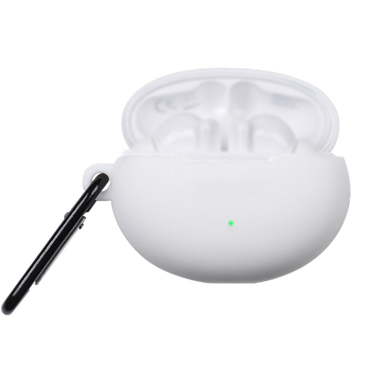 White liquid silicone earphone protective case with open lid and hanging loop