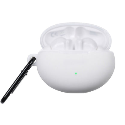 White liquid silicone earphone protective case with open lid and hanging loop