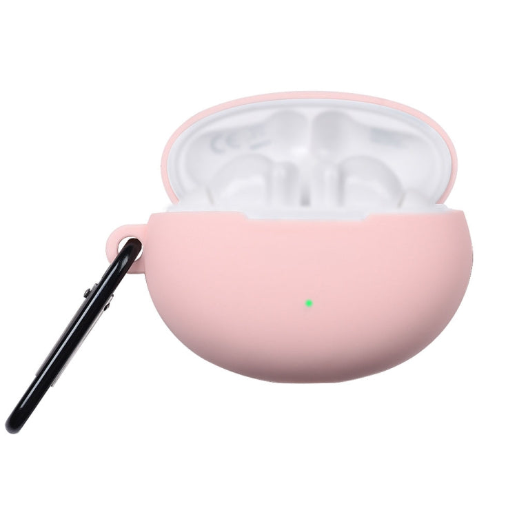 Pink liquid silicone earphone protective case with open lid and hanging loop