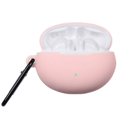Pink liquid silicone earphone protective case with open lid and hanging loop