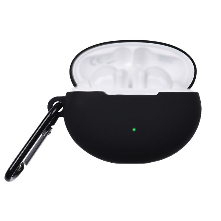 Black liquid silicone earphone protective case with open lid and hanging loop
