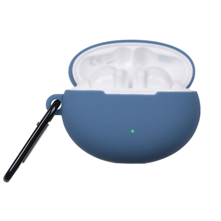 Midnight blue liquid silicone earphone protective case with open lid and hanging loop