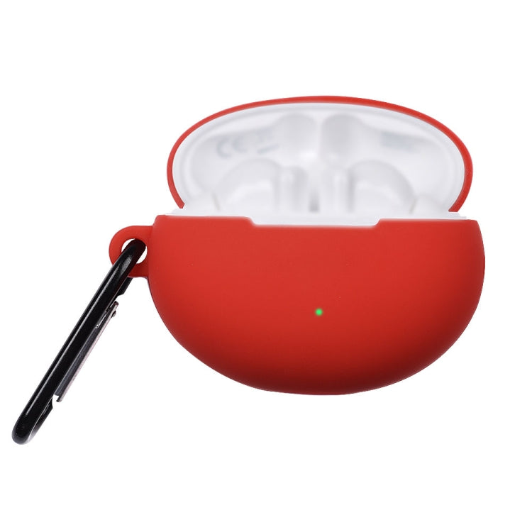Red liquid silicone earphone protective case with open lid and hanging loop