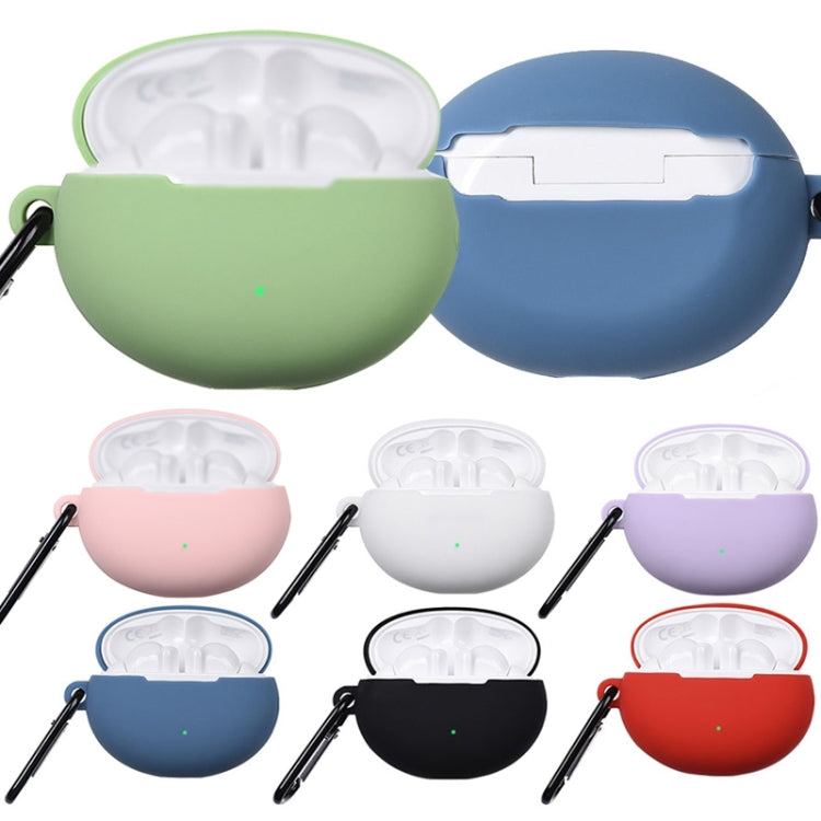 Set of colorful liquid silicone earphone protective cases with open lids and hanging loops