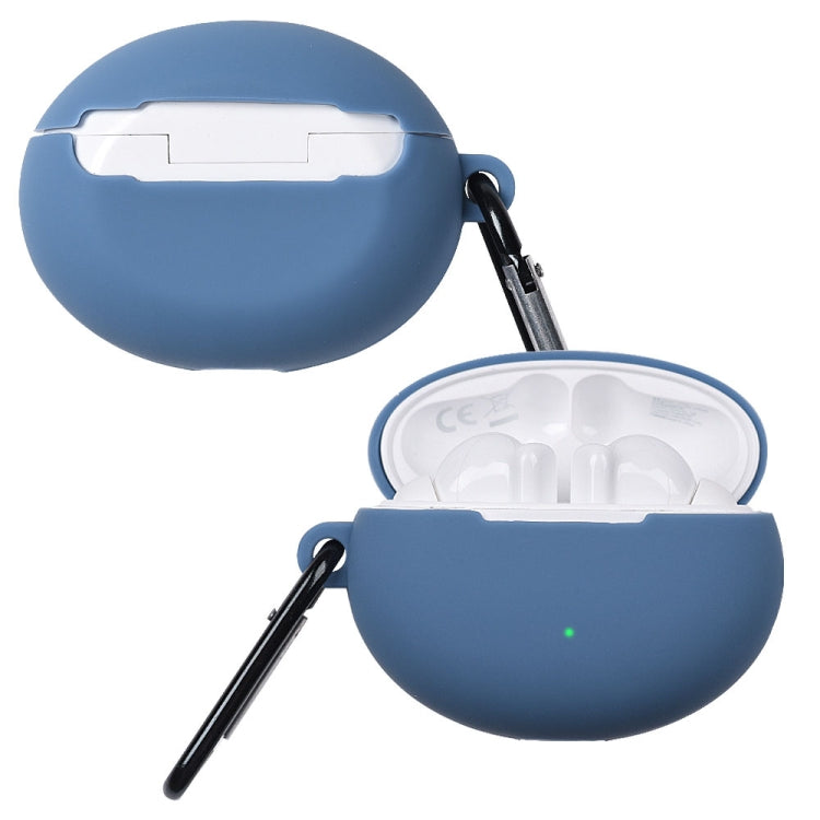Midnight blue liquid silicone earphone protective case with open lid and hanging loop