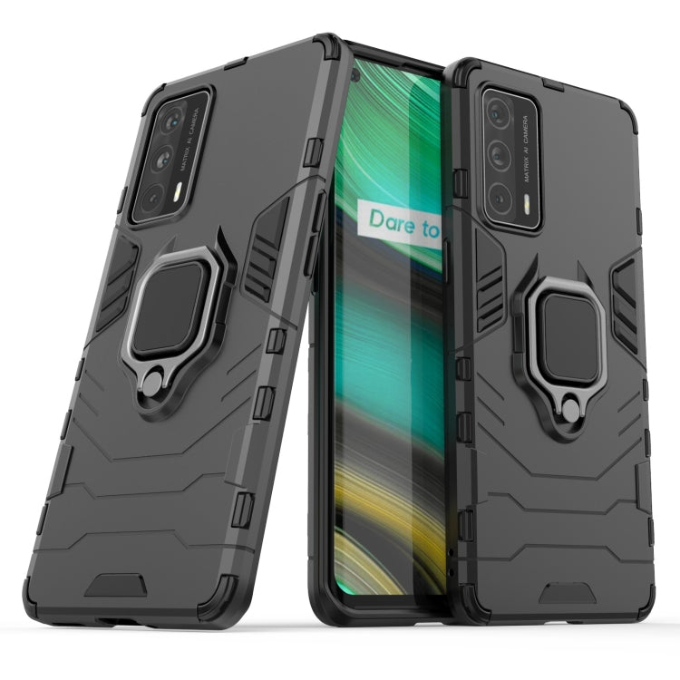 Rugged shockproof case with magnetic ring holder, black TPU/PC, front and back view