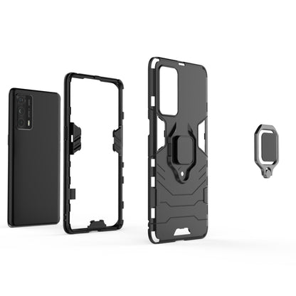 Rugged phone case with magnetic ring holder, black TPU/PC, showing back and frame