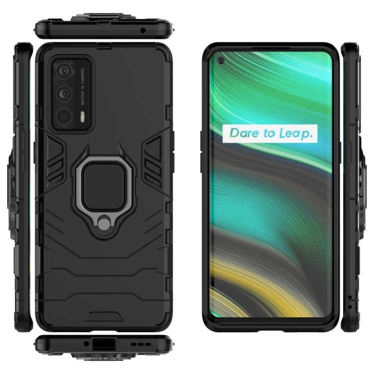 Rugged shockproof phone case with magnetic ring holder, black TPU/PC, layered design