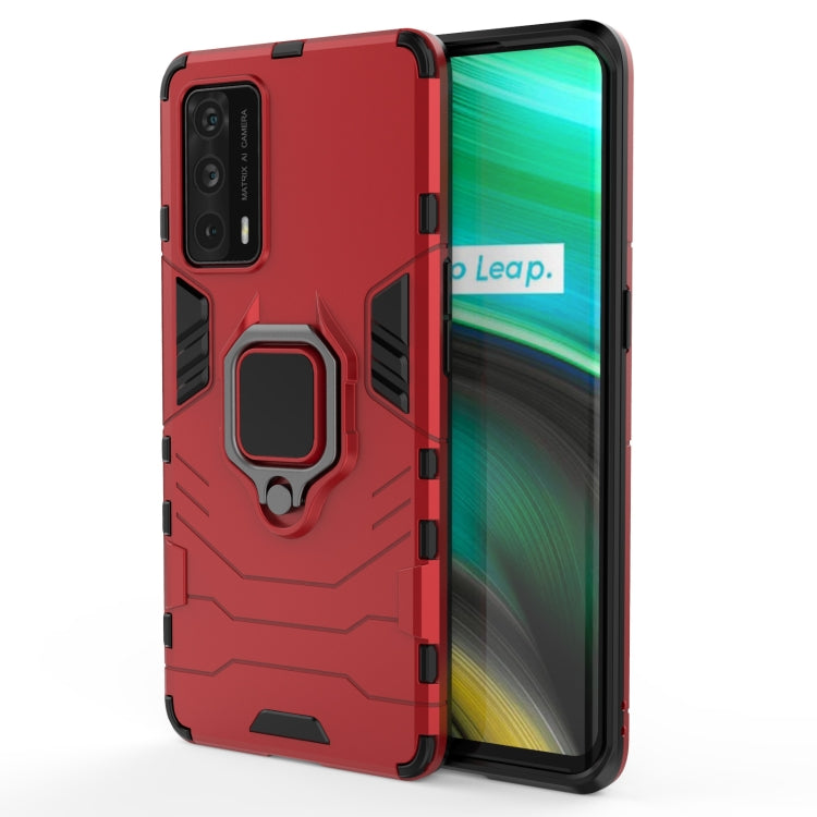 Rugged shockproof phone case with magnetic ring holder, red TPU/PC with front cover