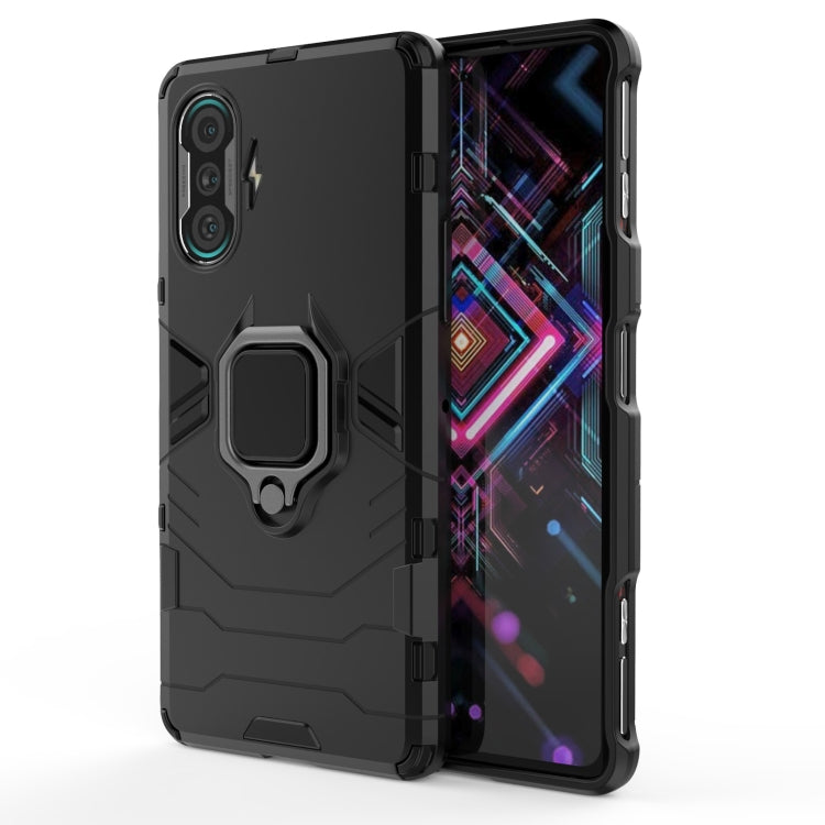 Rugged shockproof phone case with magnetic ring holder, black TPU/PC, front protected