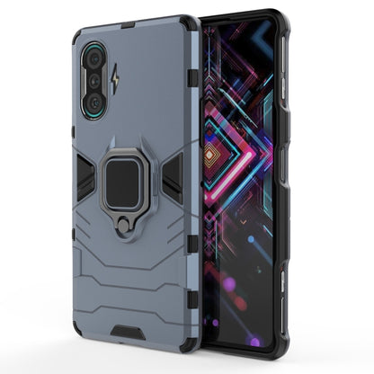 Shockproof phone case in blue-gray with magnetic ring stand and textured corner guards