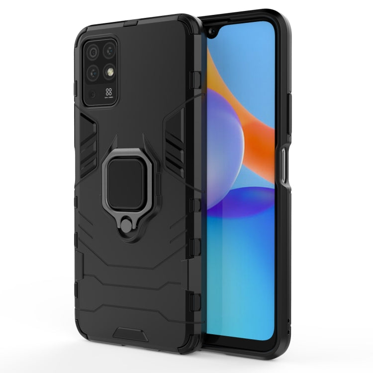 Rugged shockproof phone case with magnetic ring holder, black TPU/PC, side openings