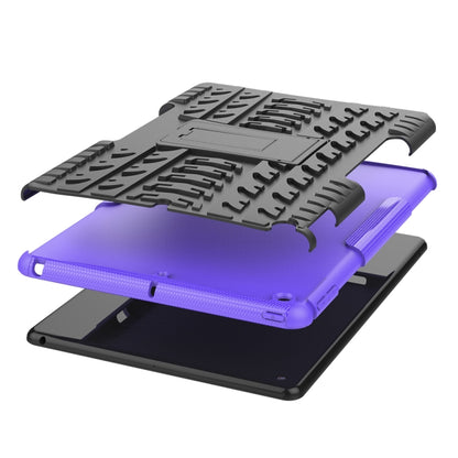 Tablet case with tire tread cover and kickstand, purple/black front view