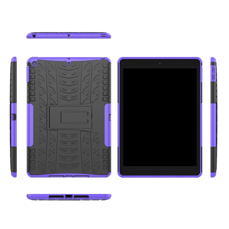 Multi-view of purple rugged tablet case with kickstand, side grips, and back texture