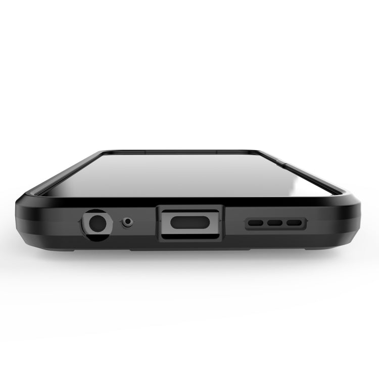 Black armored protective phone case bottom with speaker, port cutouts, and raised edge