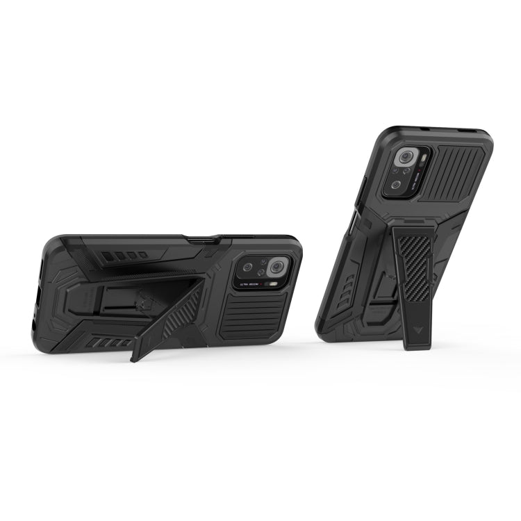 Black armored protective phone case with built-in stand and textured shield panels