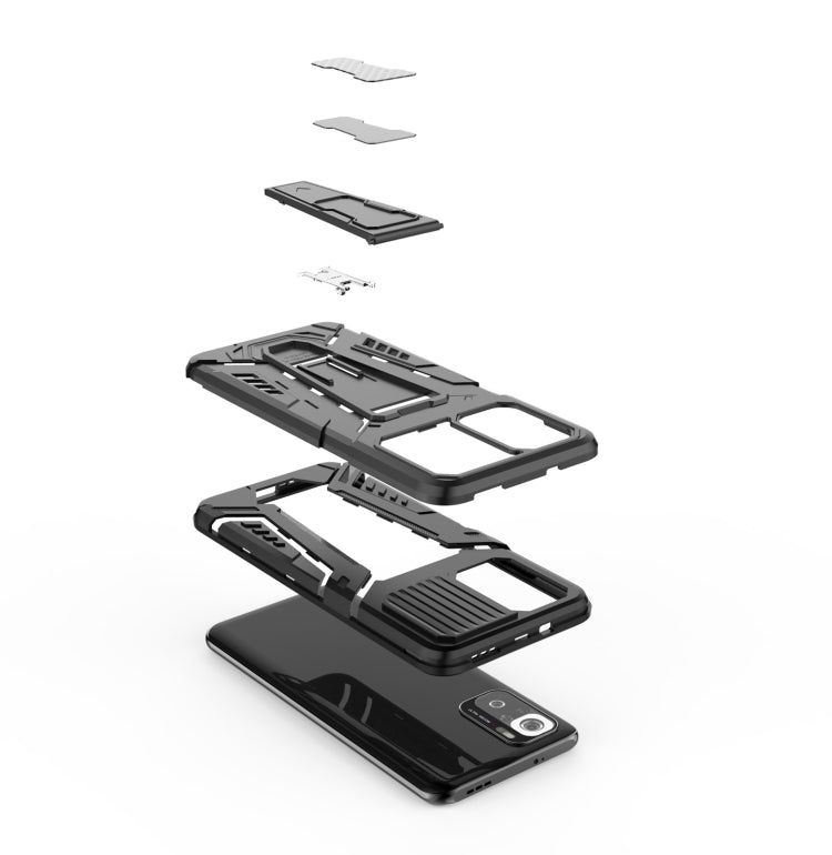 Armored protective phone case components shown separated with backplate and frame pieces