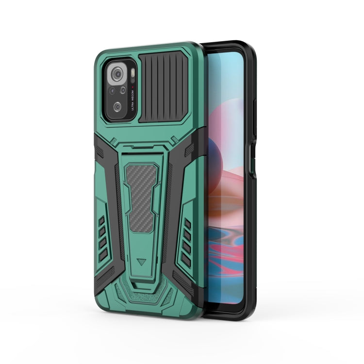 Green armored protective phone case with raised shield panel and camera cover