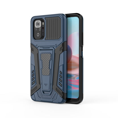 Blue armored protective phone case with raised shield panel and camera cover