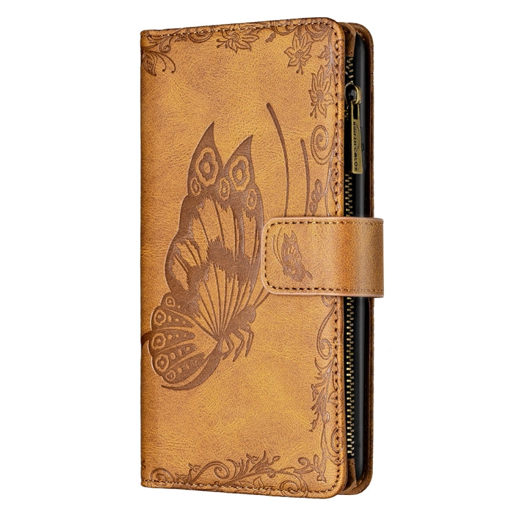 Brown embossed butterfly flip leather phone wallet case with front strap closure