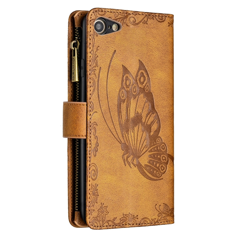 Brown embossed butterfly leather phone wallet case with cutouts and side zipper