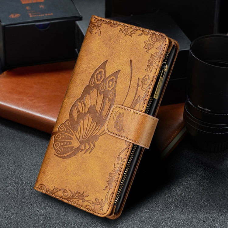 Brown embossed butterfly leather flip phone wallet case with front strap