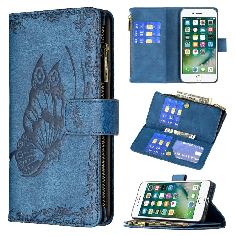 Blue embossed butterfly zipper flip leather phone wallet case with card slots