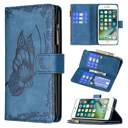 Blue embossed butterfly zipper flip leather phone wallet case with card slots