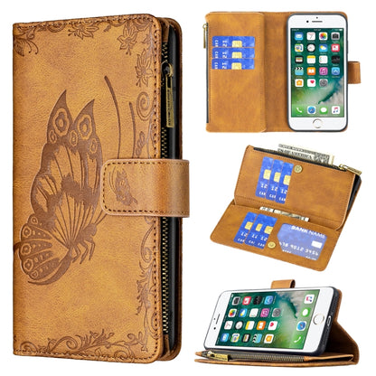 Brown embossed butterfly leather flip phone wallet case with zipper pocket and card slots