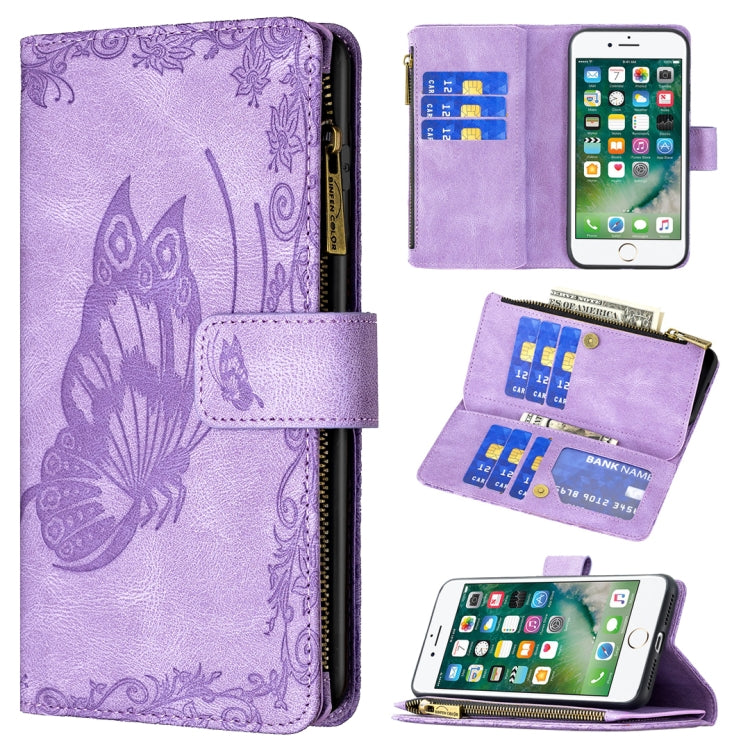 Purple embossed butterfly leather flip phone wallet case with zipper pocket and card slots