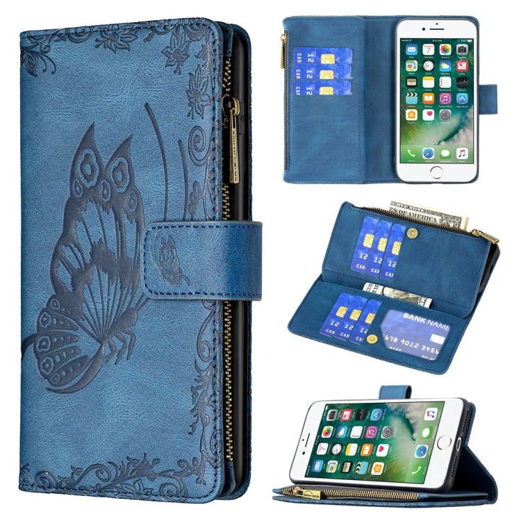 Blue embossed butterfly leather flip phone wallet case with zipper pocket and card slots