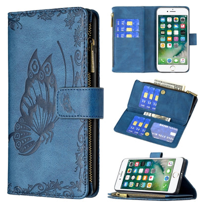 Blue embossed butterfly leather flip phone wallet case with zipper pocket and card slots
